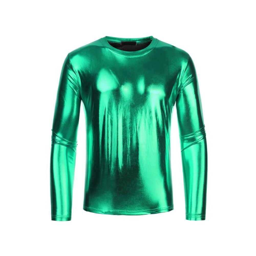 Metallic T-Shirt Round Neck Long Sleeves Shining Disco Tee Top Green